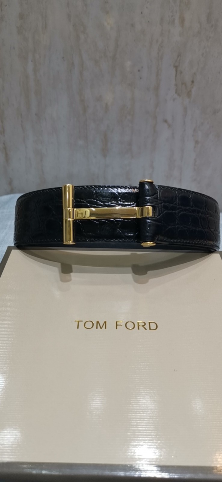 Tom Ford Black Leather Gold Metal T-Buckle Decorated Belt Simple