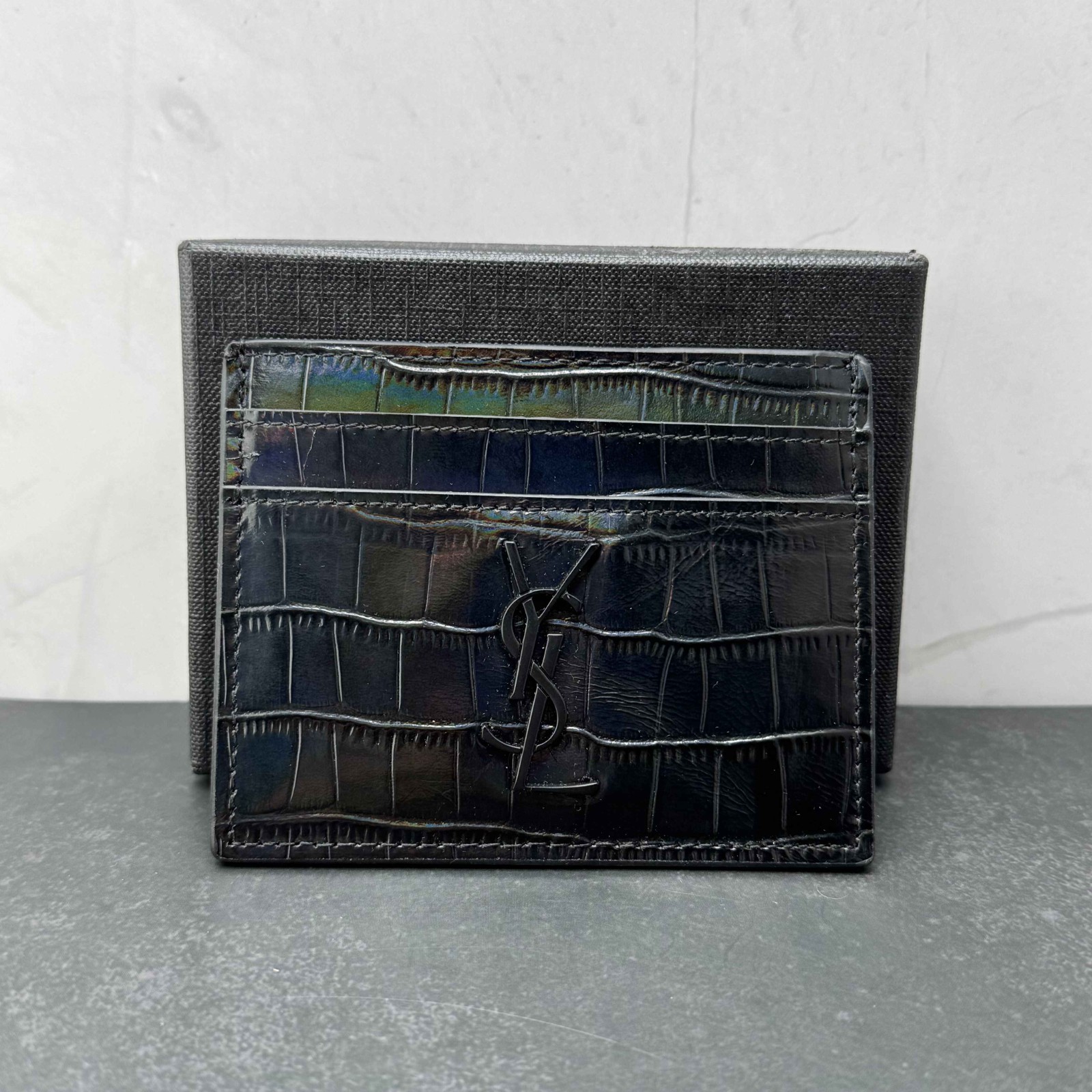 Saint Laurent Cassandre Card Case Glossy Black Croc Embossed Leather Logo