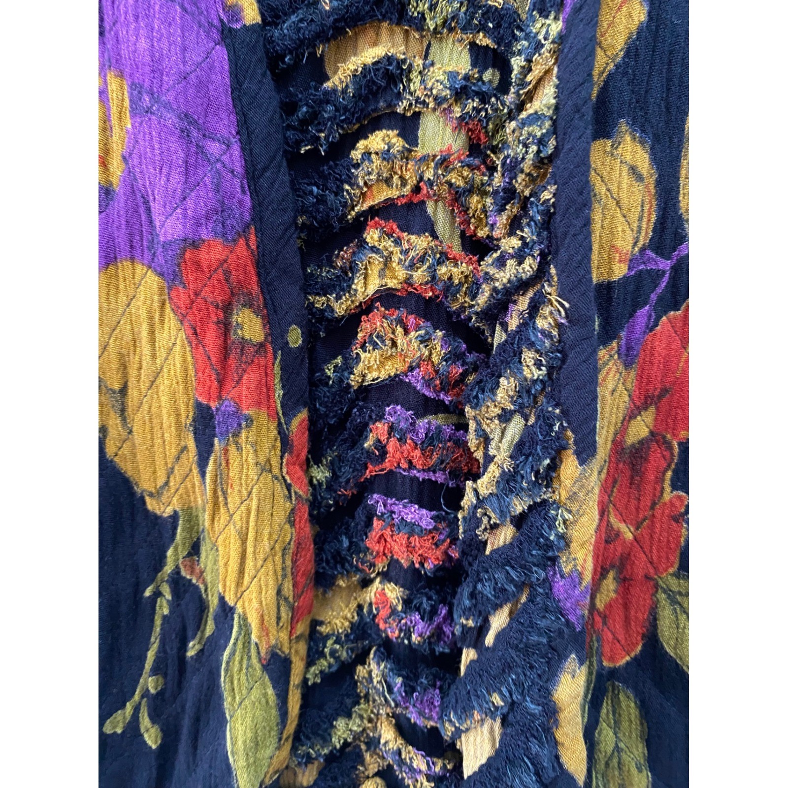 Unbranded Reversible Quilted Jacket Women L Black Floral Art to Wear Fringe