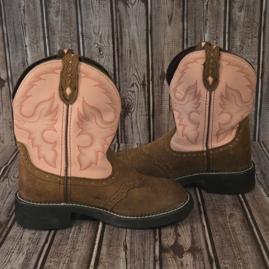 Sz 6 B Womens Justin Gypsy L9901 Brown Pink Leather Western Cowgirl Boots VGUC