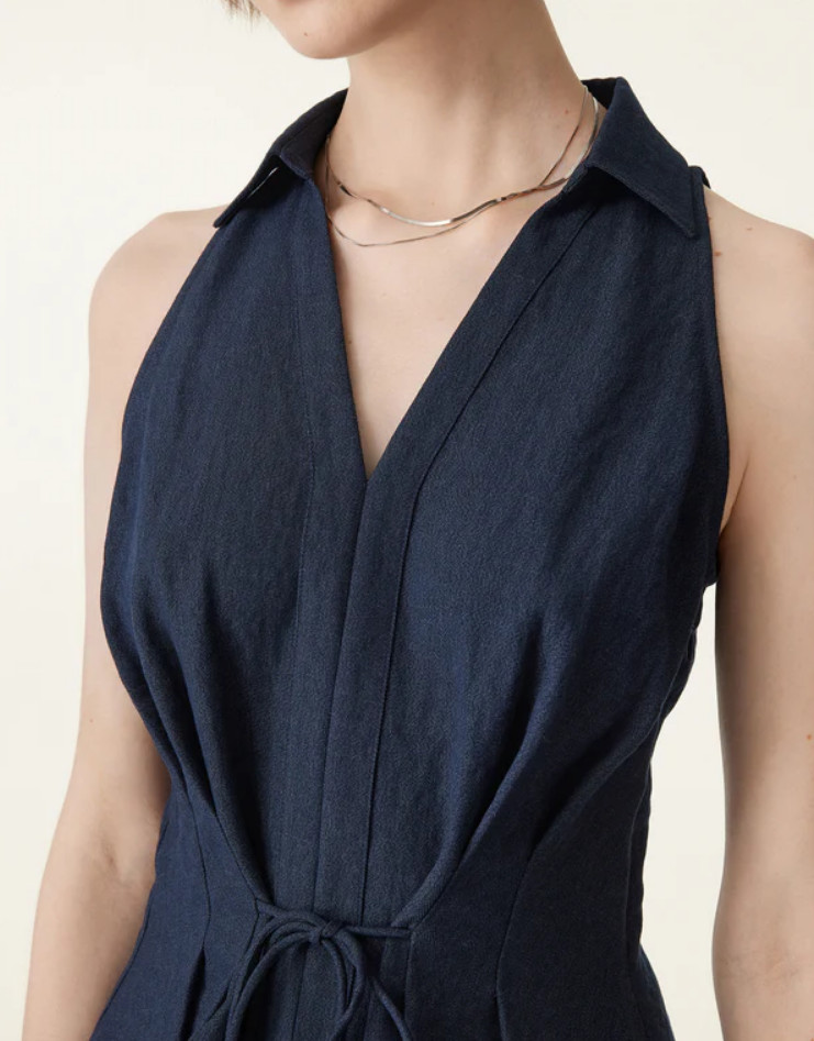 Oglmove Collared V-neck Pleated Sleeveless Top with Drawstring, Denim Navy Color