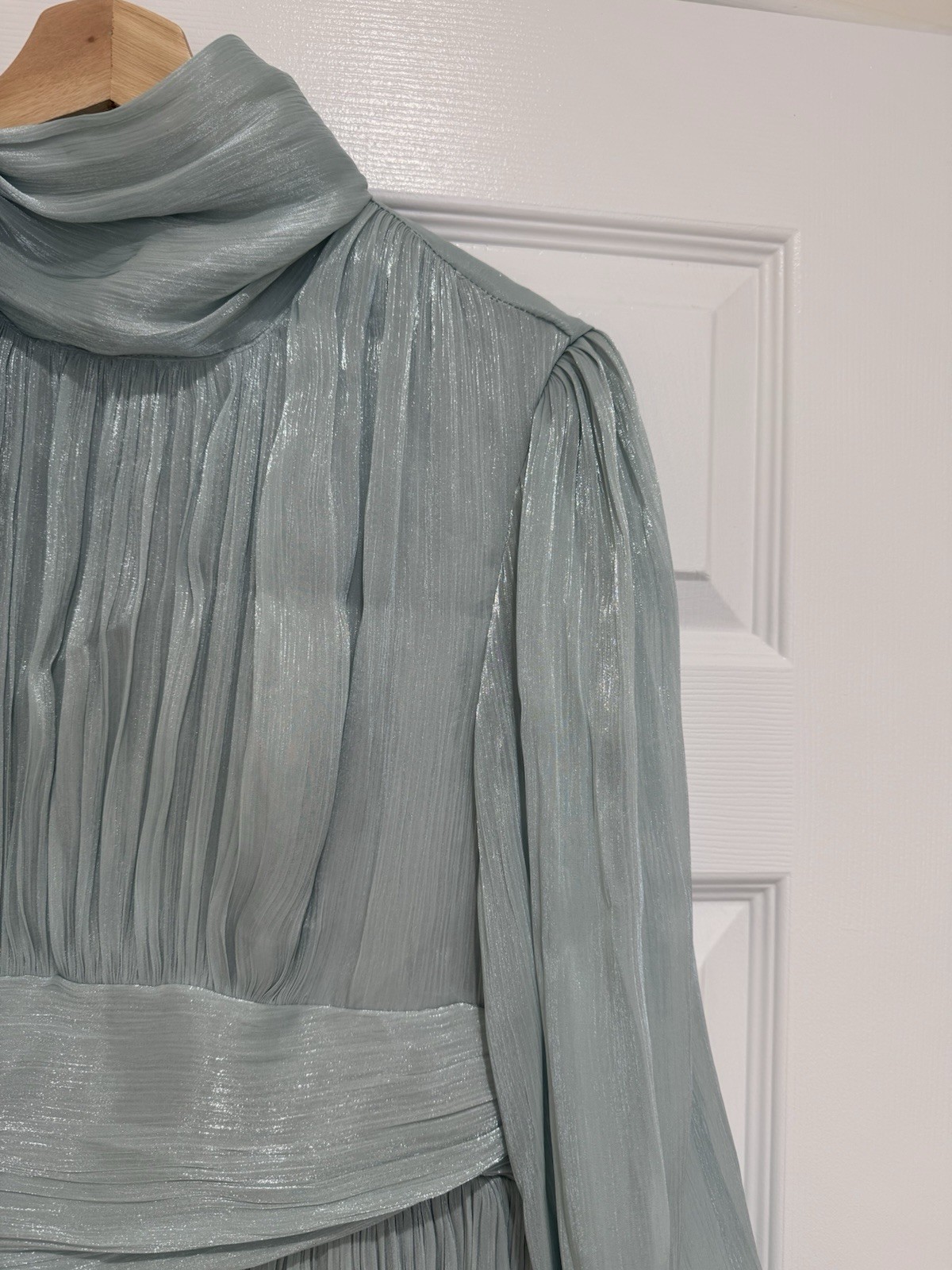 ANEWSTA Sage Green Shimmer Pleated Midi Dress Bow Neck Long Sleeve L