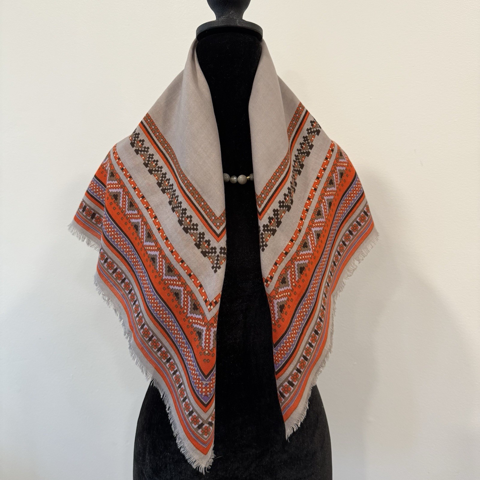Yves Saint Laurent Silk Scarf Geometric Cream Brown