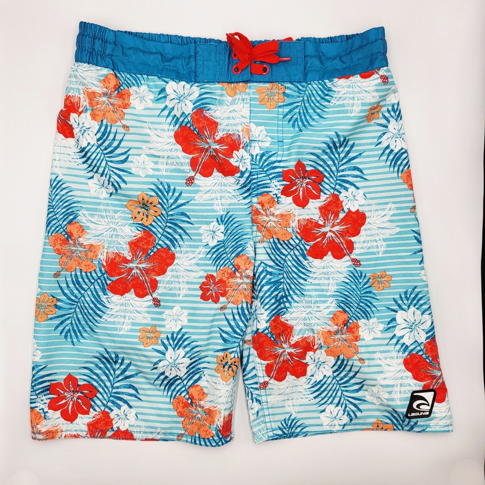 Laguna Blue Red & Orange Tropical Hibiscus Flower Board Shorts Youth Size L Surf
