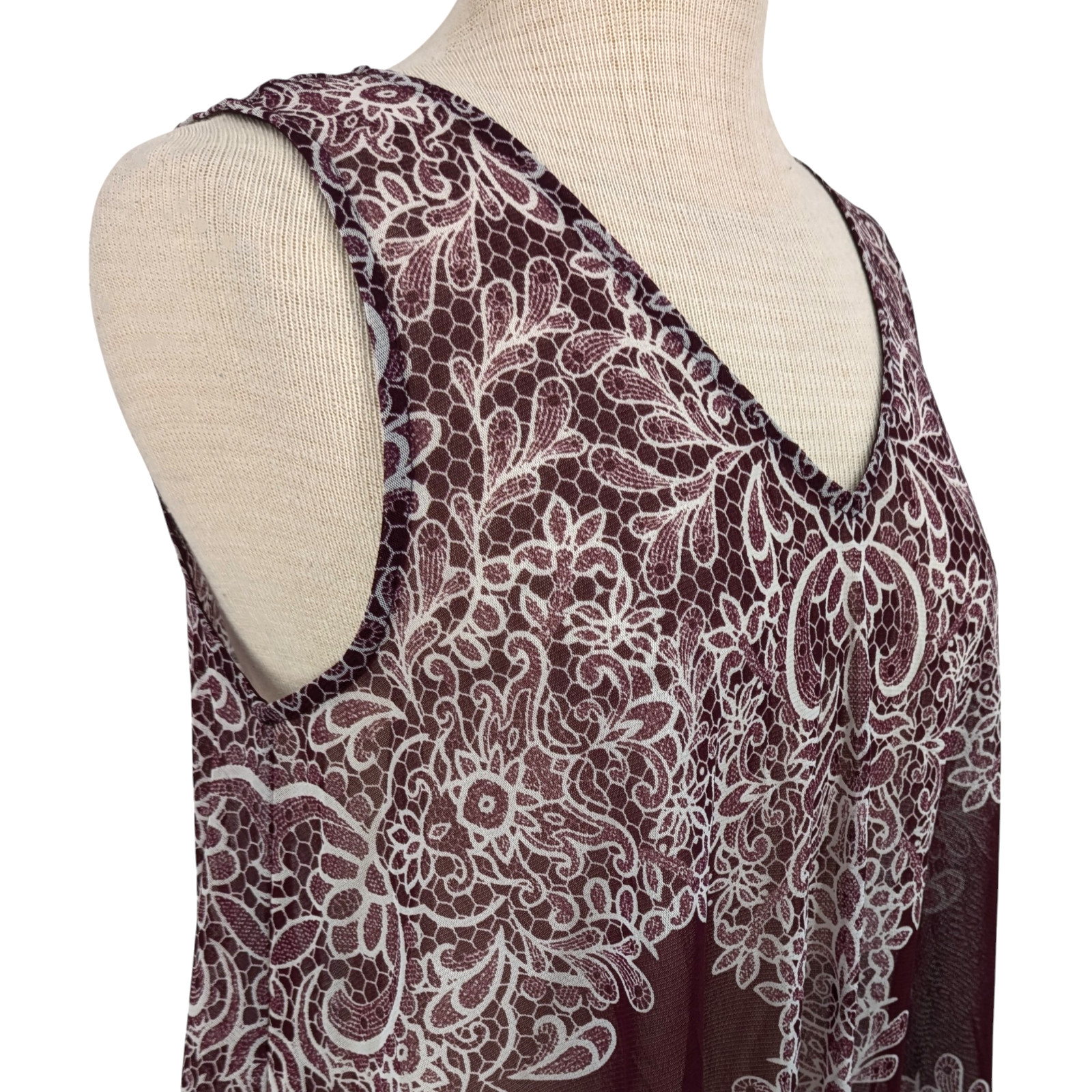 Boho Asymmetrical Tank Top M Sheer Burgundy Flowy Whimsigoth Dark Romance Layer