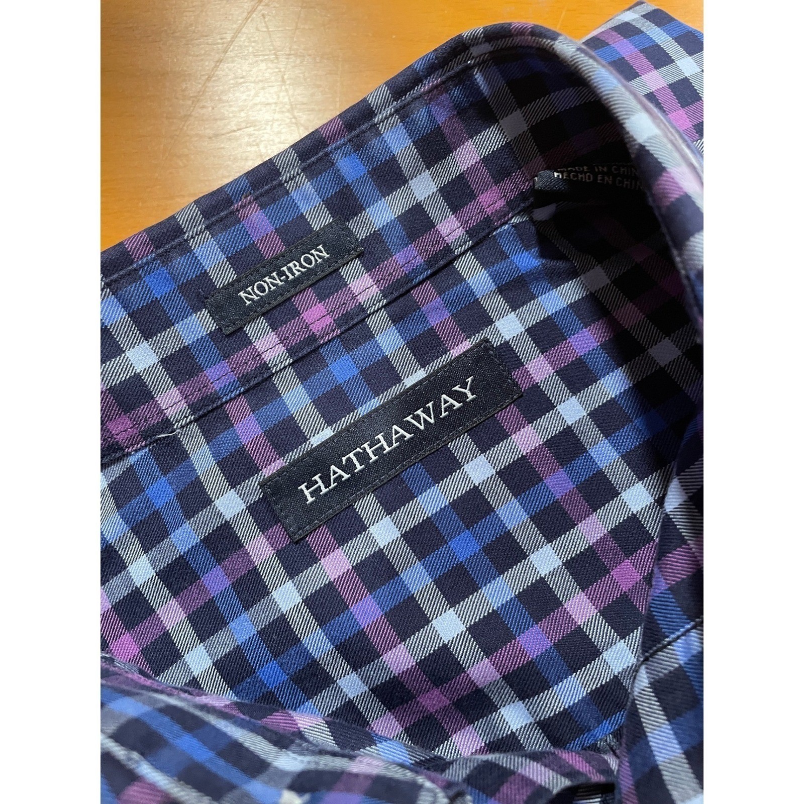 Hathaway Mens M Button Down Collar Shirt Blue Purple Plaid Non Iron Long Sleeve