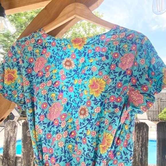 Pretty Garden Floral Wrap Maxi Dress, Womens M Blue Flutter Sleeves Romantic