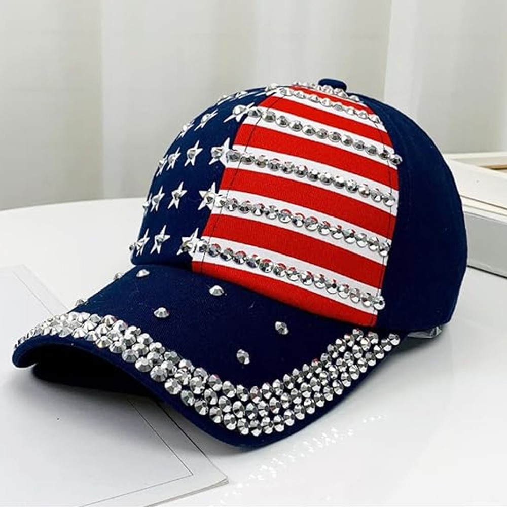 Navy Blue Sparkle Bling Rhinestone Patriotic American Flag Baseball Hat Cap US