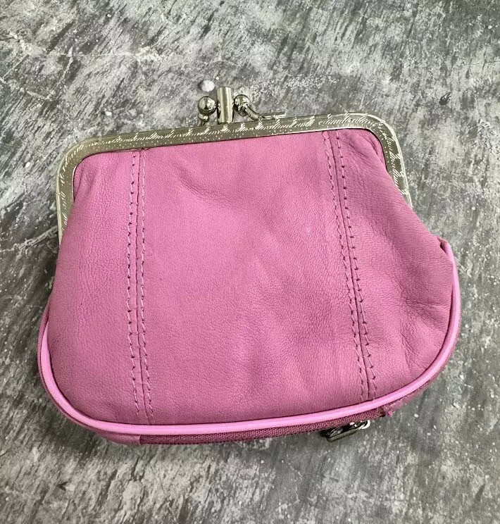 Pink Genuine Leather Woman Coin Purse Double Frame Change Wallet