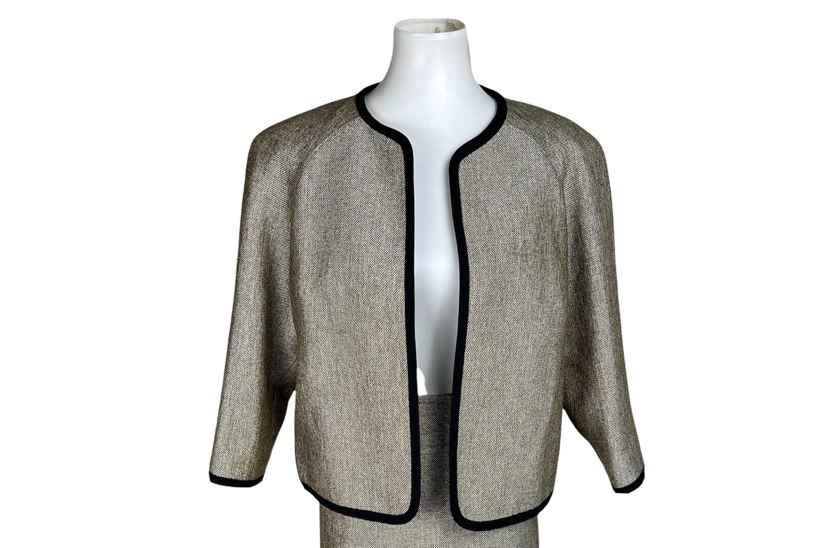 KASPER Polyester Rayon Blazer Size 10P Beige Black Open Front Collarless 1PC