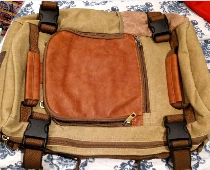 Messenger Bag Crossbody Canvas & Faux Leather Brown w/Pockets Vintage Ecosusi