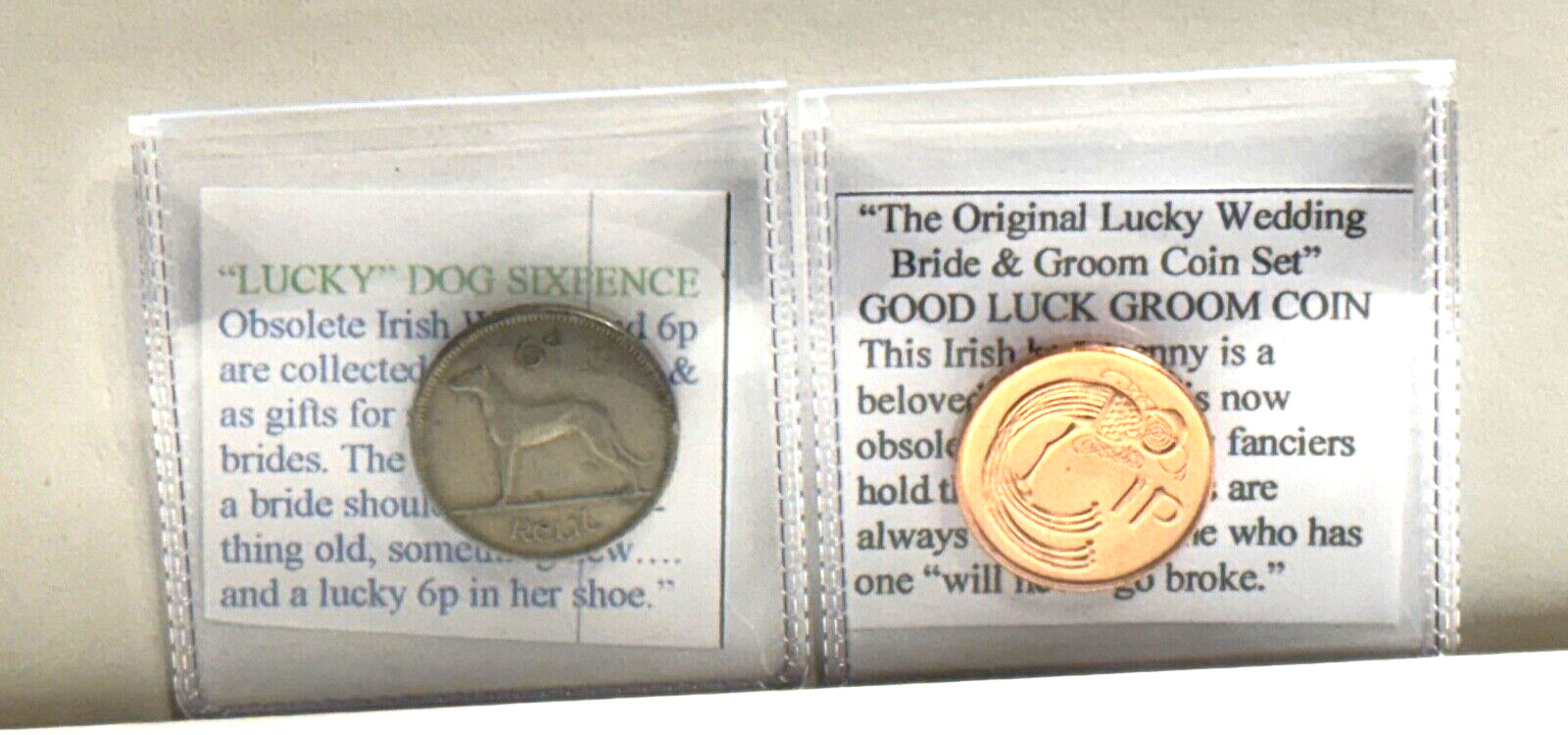 Lucky Wedding Coin Set Real Irish Sixpence Bride +Harp Ireland Penny Groom Cent