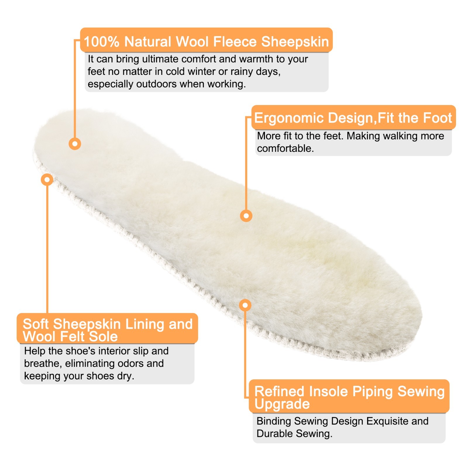 LARGERED 2 pairs of winter warm wool insoles, unisex, 17mm thick