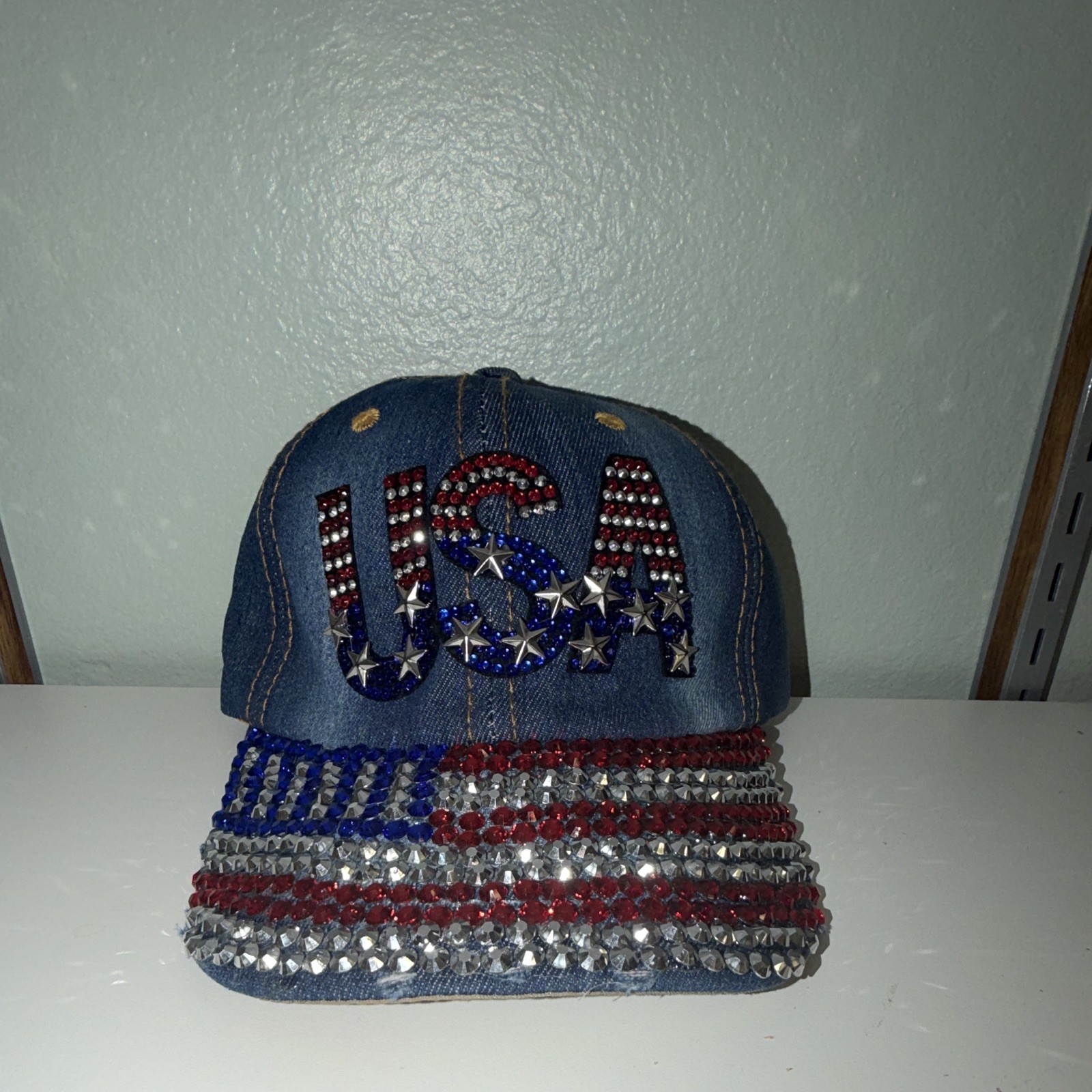 USA Red White Blue Rhinestone Baseball Cap Bling Studded Denim Hat NEW
