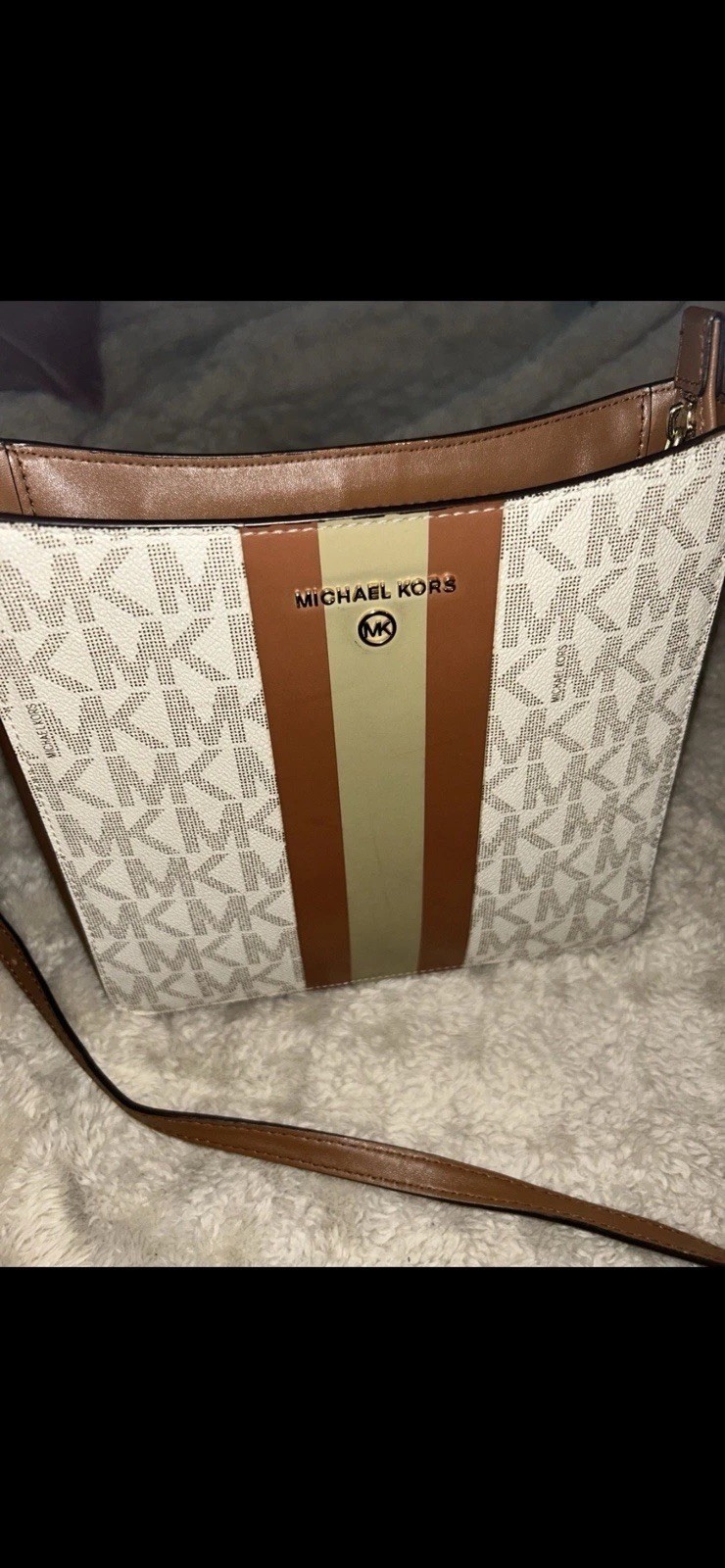 Michael Kors MK Logo Crossbody Bag Beige/Brown Zip, Gold Hardware, Brown Strap