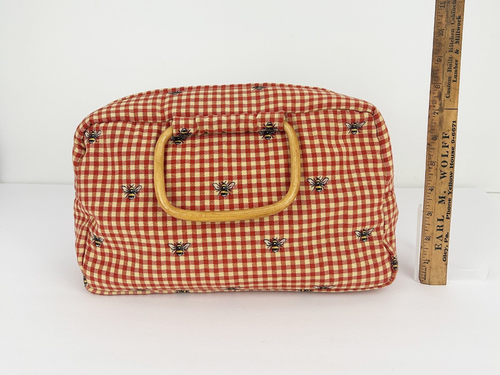 Bee Gingham Top Handle Handbag Bamboo Handle Coastal Preppy Handmade Purse