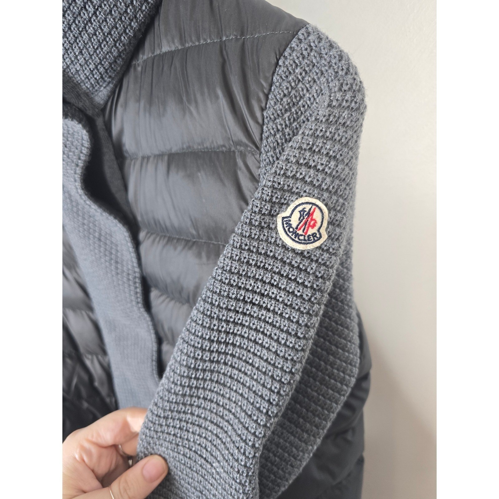 Moncler Women Black Grey Wool & Down Hybrid Knit Puffer Jacket Size S Logo Patch