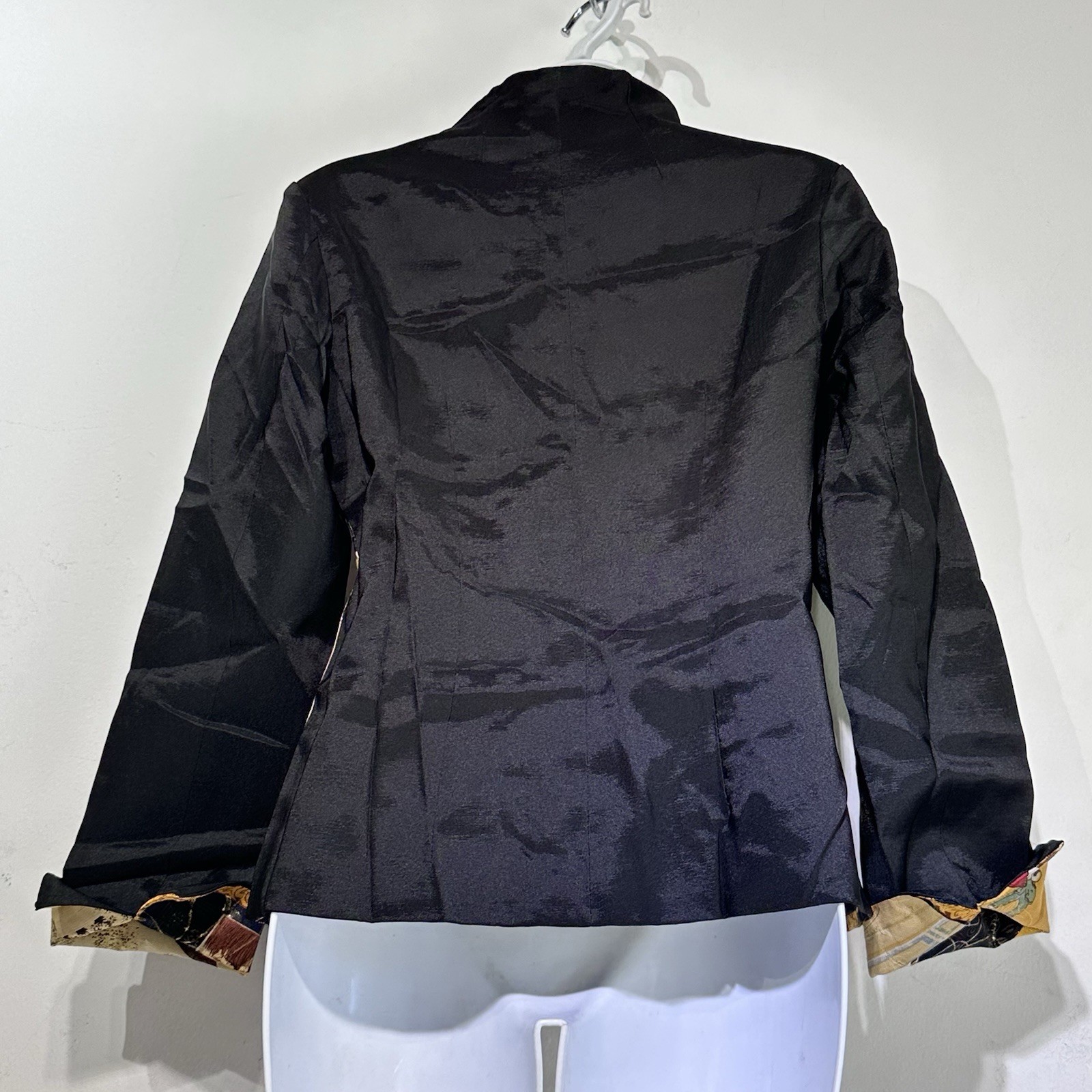 Vintage Chinese Mandarin Collar Oriental Jacket Top Gold Black Calligraphy M