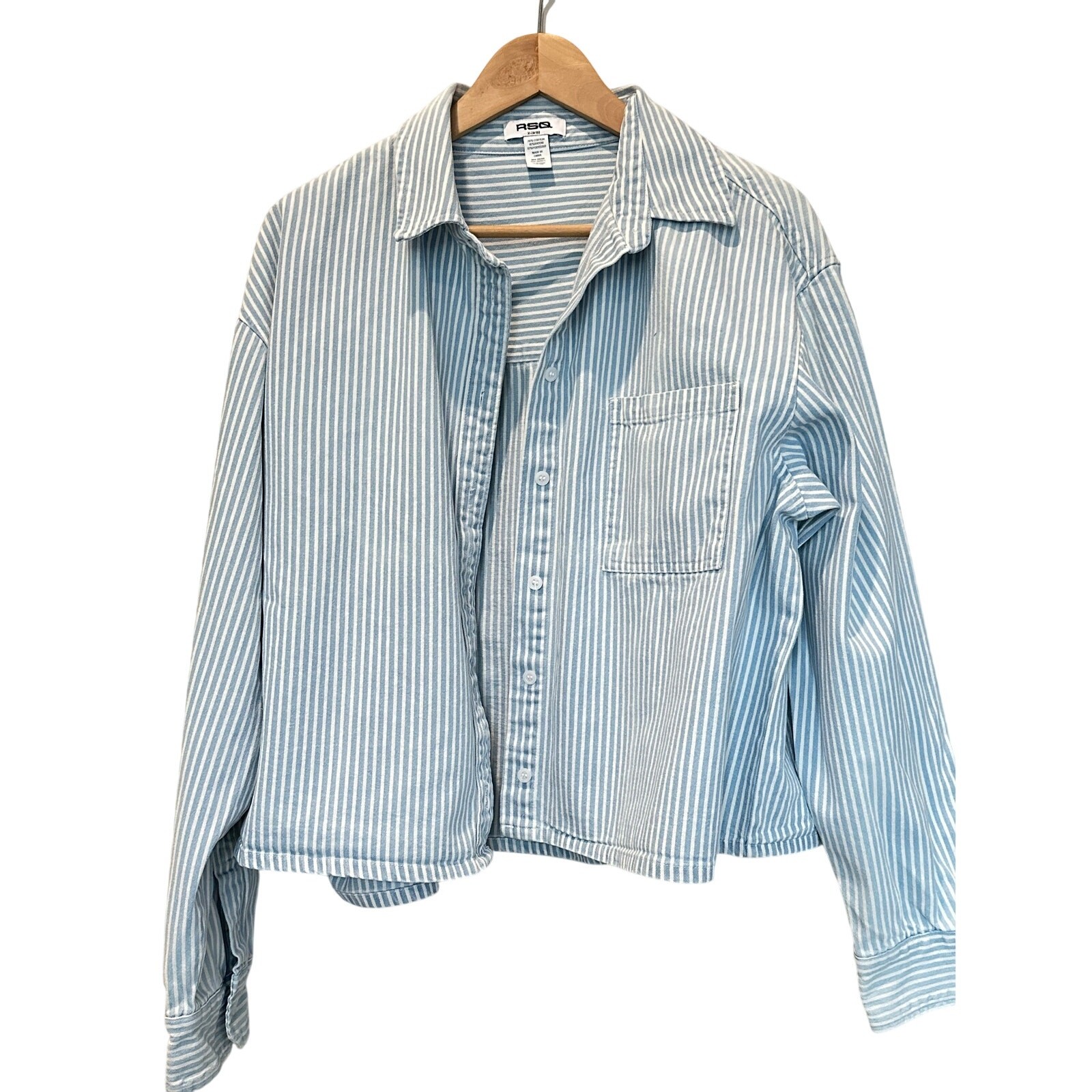 RSQ Blue White Stripe Crop Button Up Shirt XL Oversized
