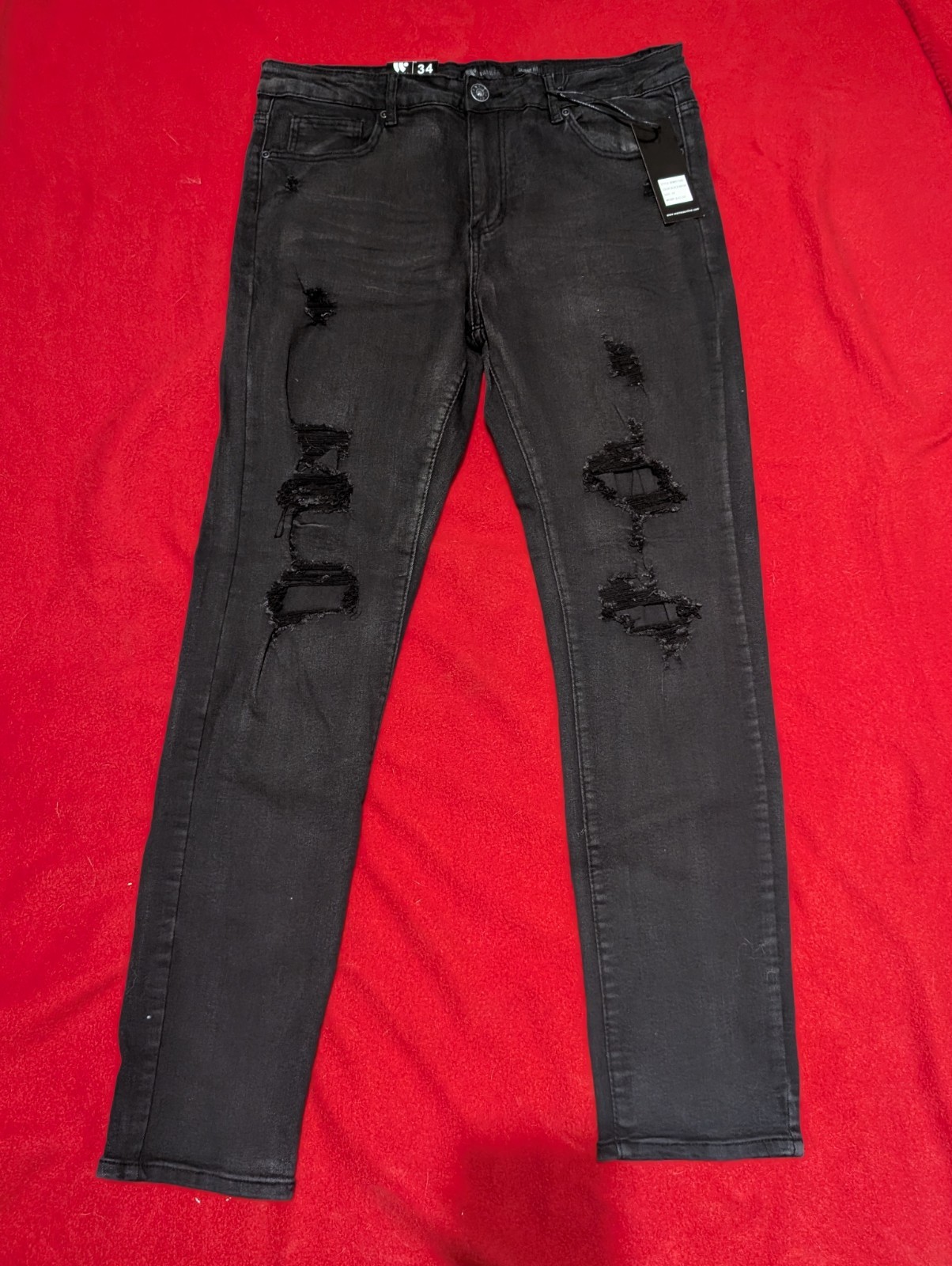 NEW Mens Blackwash Waimea Skinny Fit Distressed Black Denim Jeans Size 34/31
