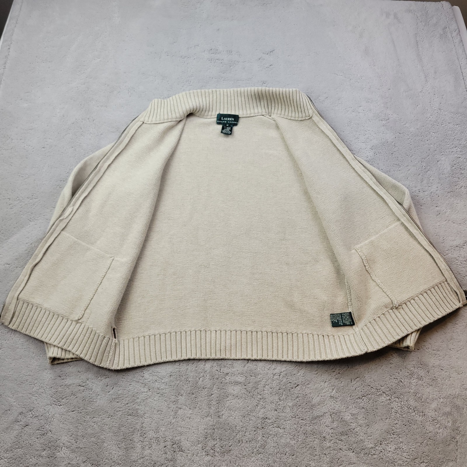 Lauren Ralph Lauren Full Zip Cardigan Sweater Womens Medium Beige Knit Pockets