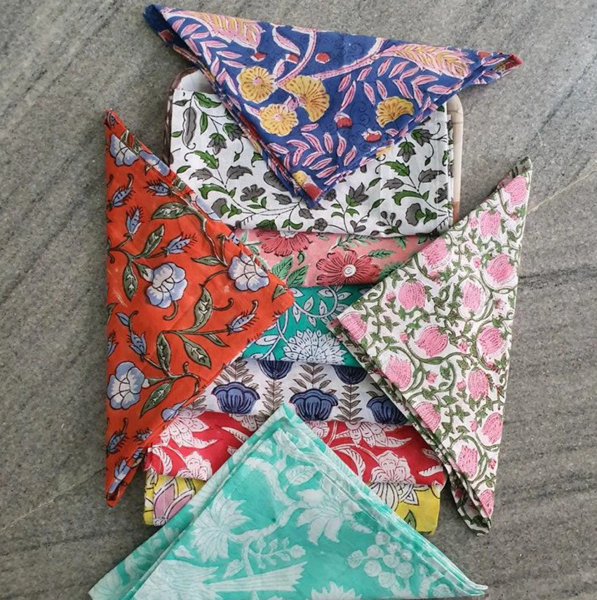 Assorted Cloth Napkins Set Hand Block Floral Printed Cotton Dinner Table Napkins