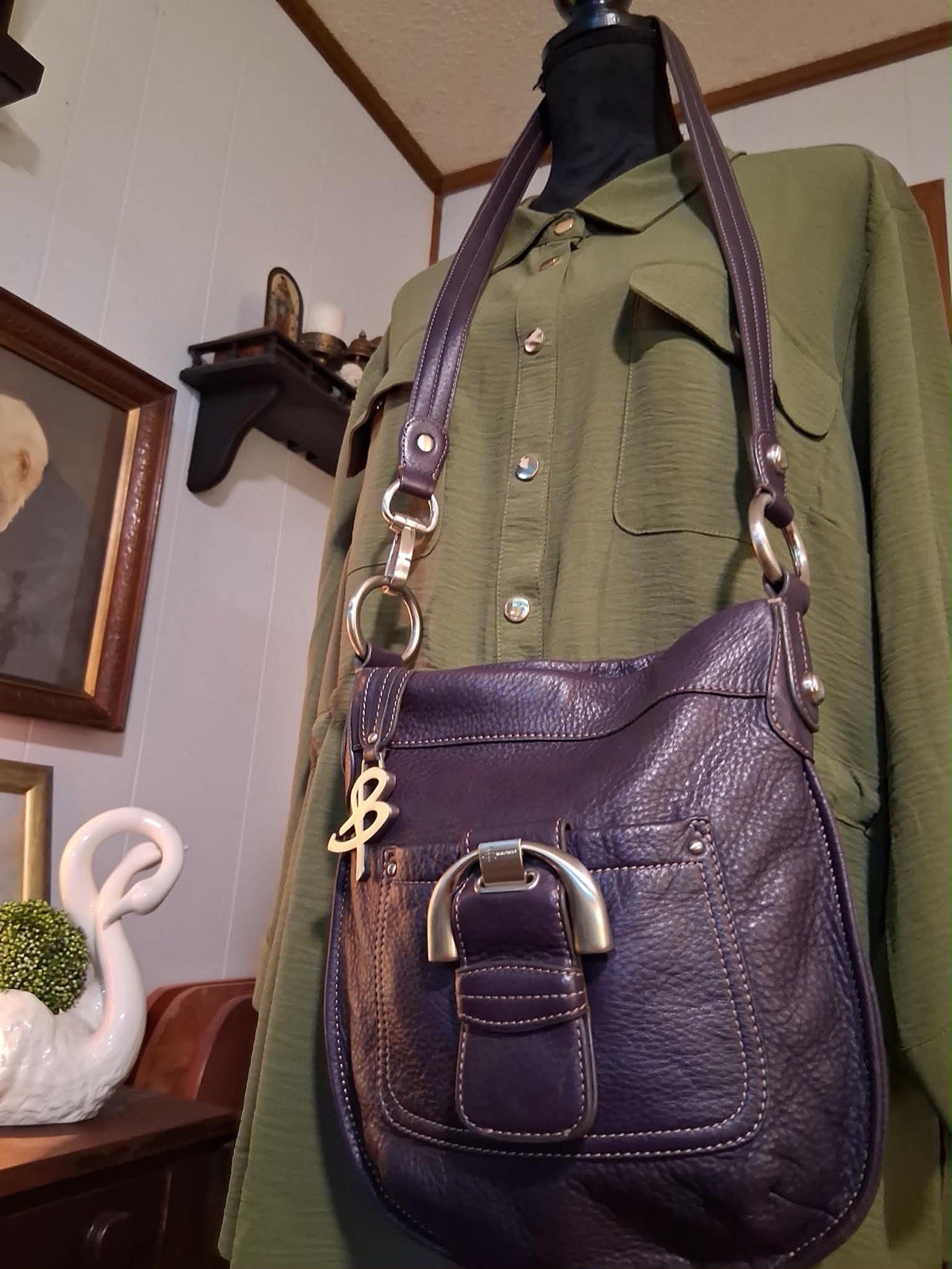 B. Makowsky Purple Soft Pebbled Leather Crossbody Animal Lining w Charm Silver