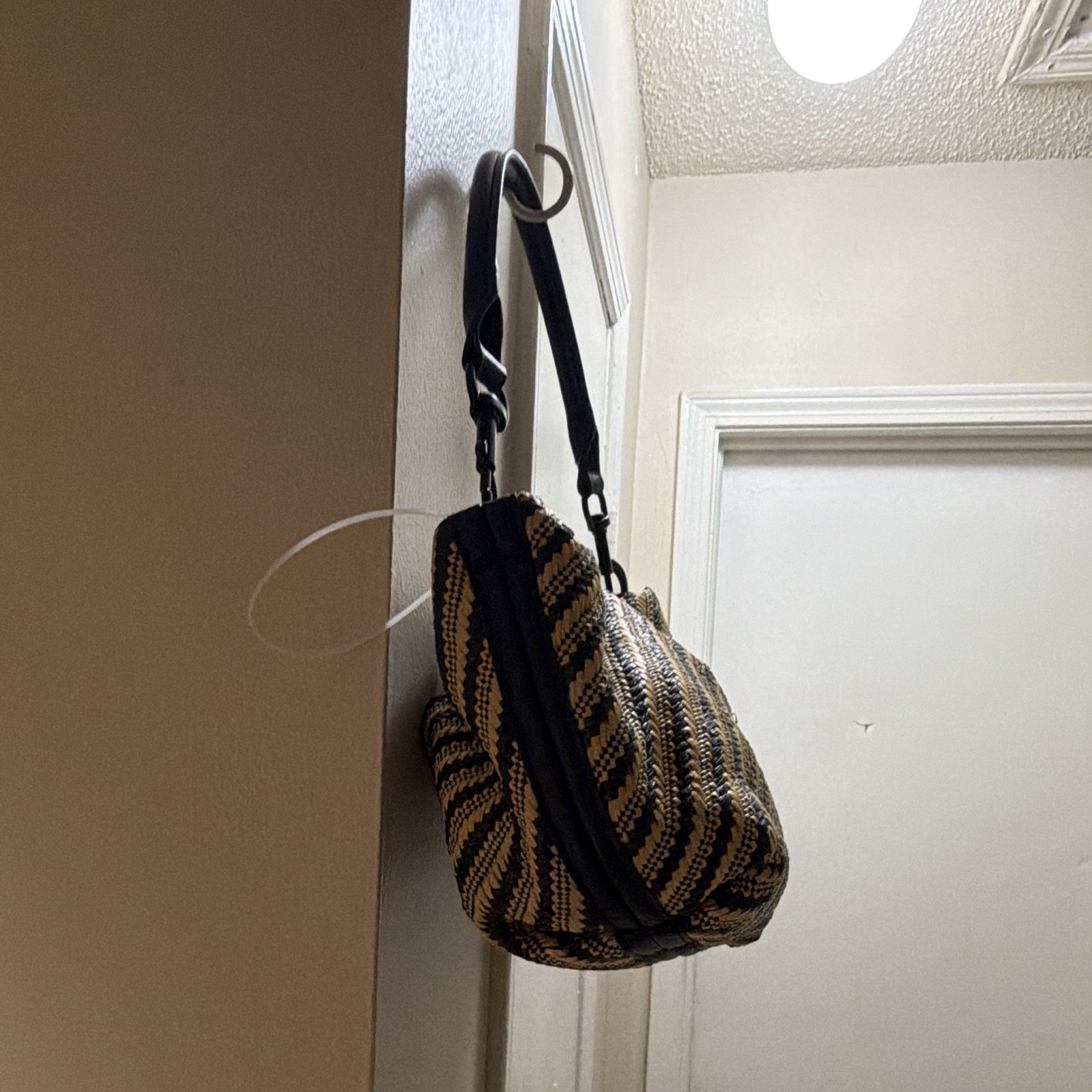 Think Royln Black Beige Striped Shoulder Bag Zip Closure Braided Lined