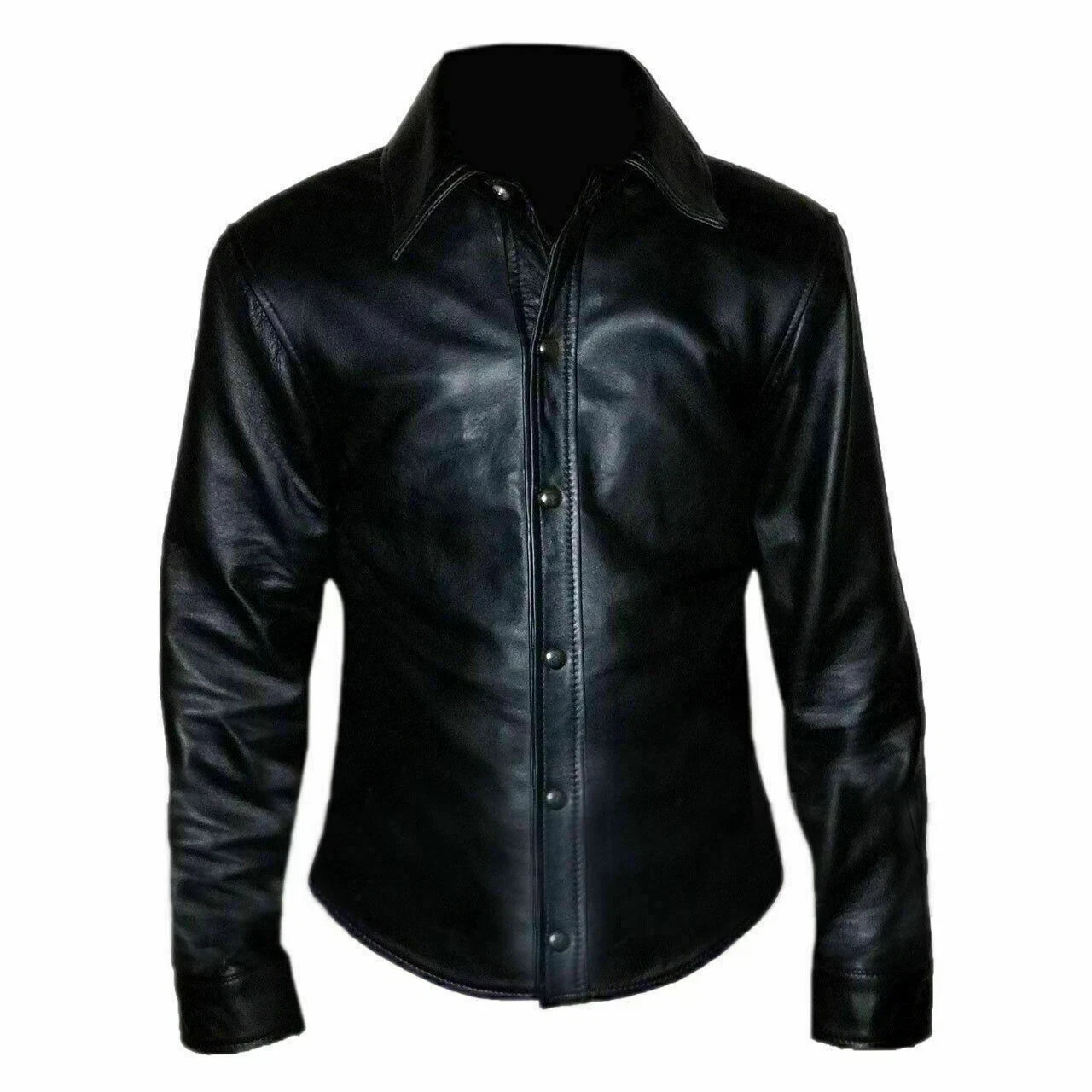 CLASSIC New Men’s Black Leather Shirt 100% Soft Sheepskin Causal Slim Fit Shirt