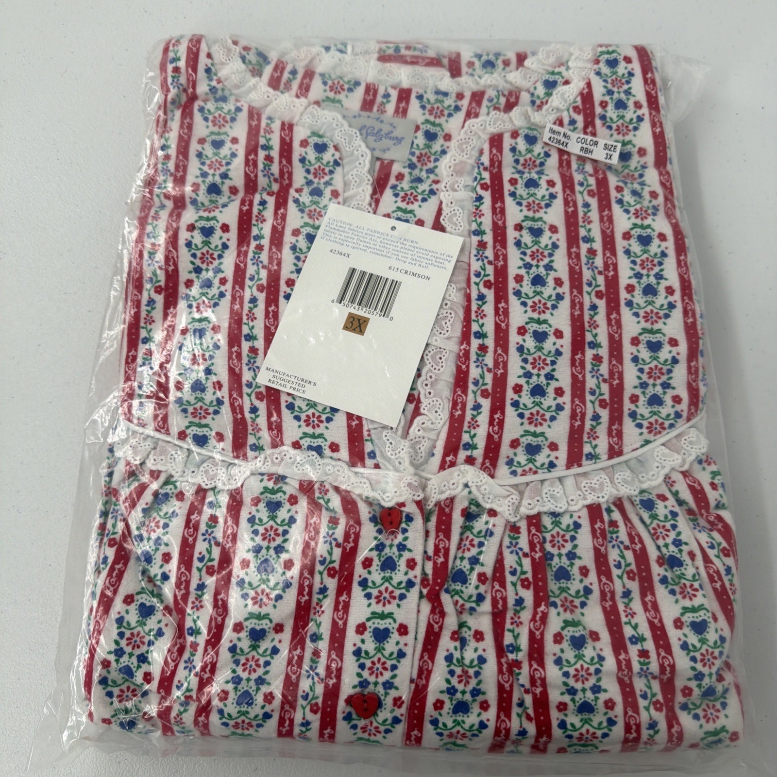 Lanz of Salzburg 615 Crimson Floral Lace Trim Cotton Knit Long Nightgown 3X Red