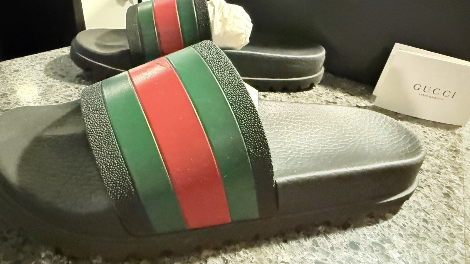 Authentic Gucci Black Rubber Web Slide Sandals Men’s Size 8 With Box & Booklet