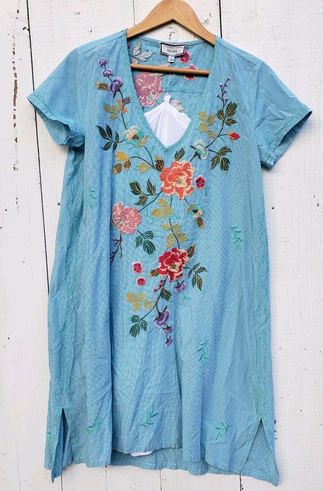 Johnny Was Workshop Adele Drape Cotton Blue Tunic Dress Women Sz S NEW
