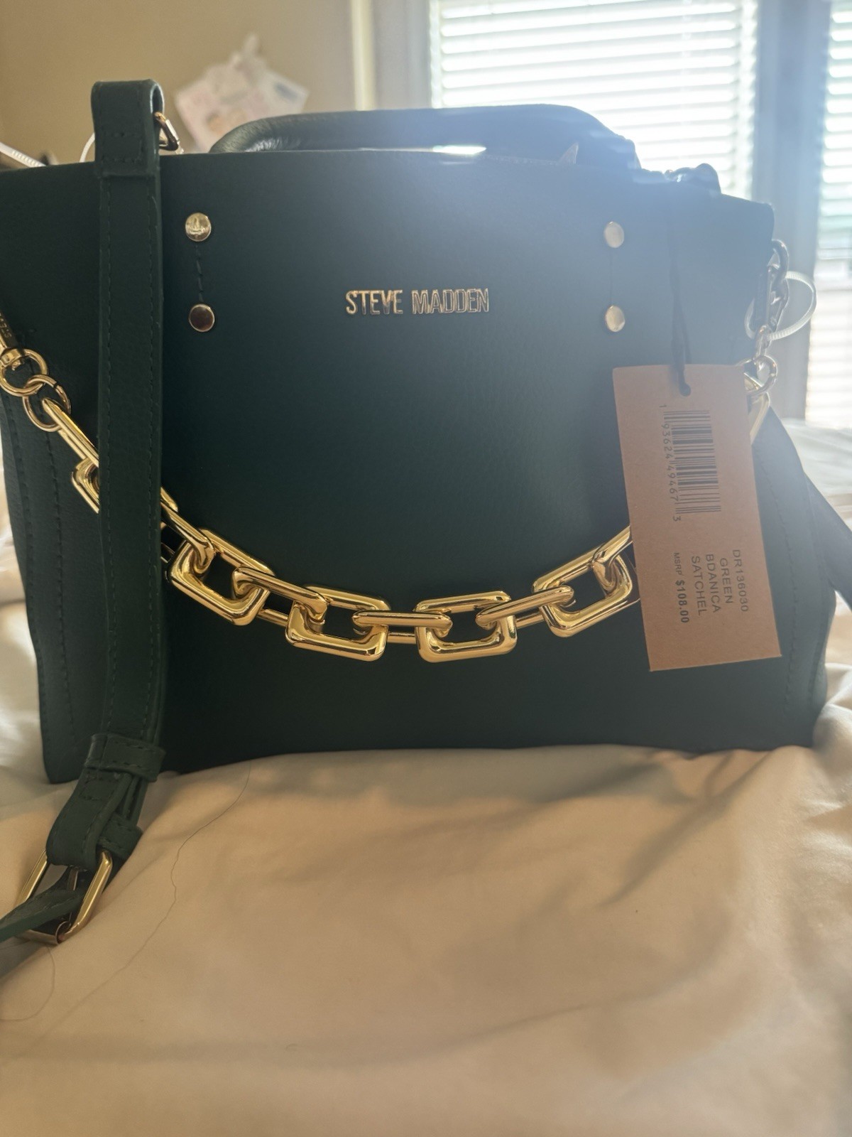 Steve Madden Green Medium Satchel Top Handle Zip Crossbody Strap Gold Chain