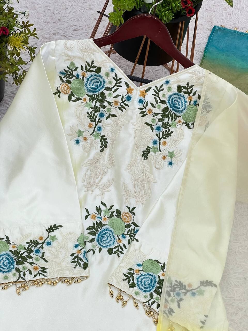 Off White Moss Satin Embroidered Top & Farsi Pant Suit , Stitched Sizes M-XXL