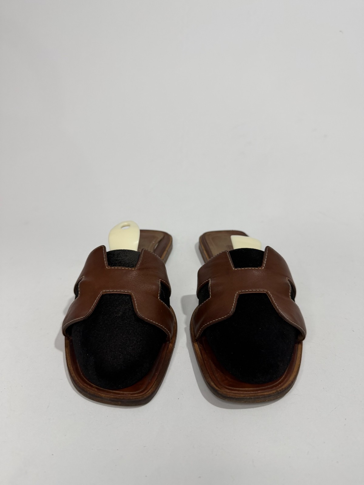 HERMES Brown Box Calfskin Oran Sandals 37.5 EU/ 7.5 US / 4.5 UK