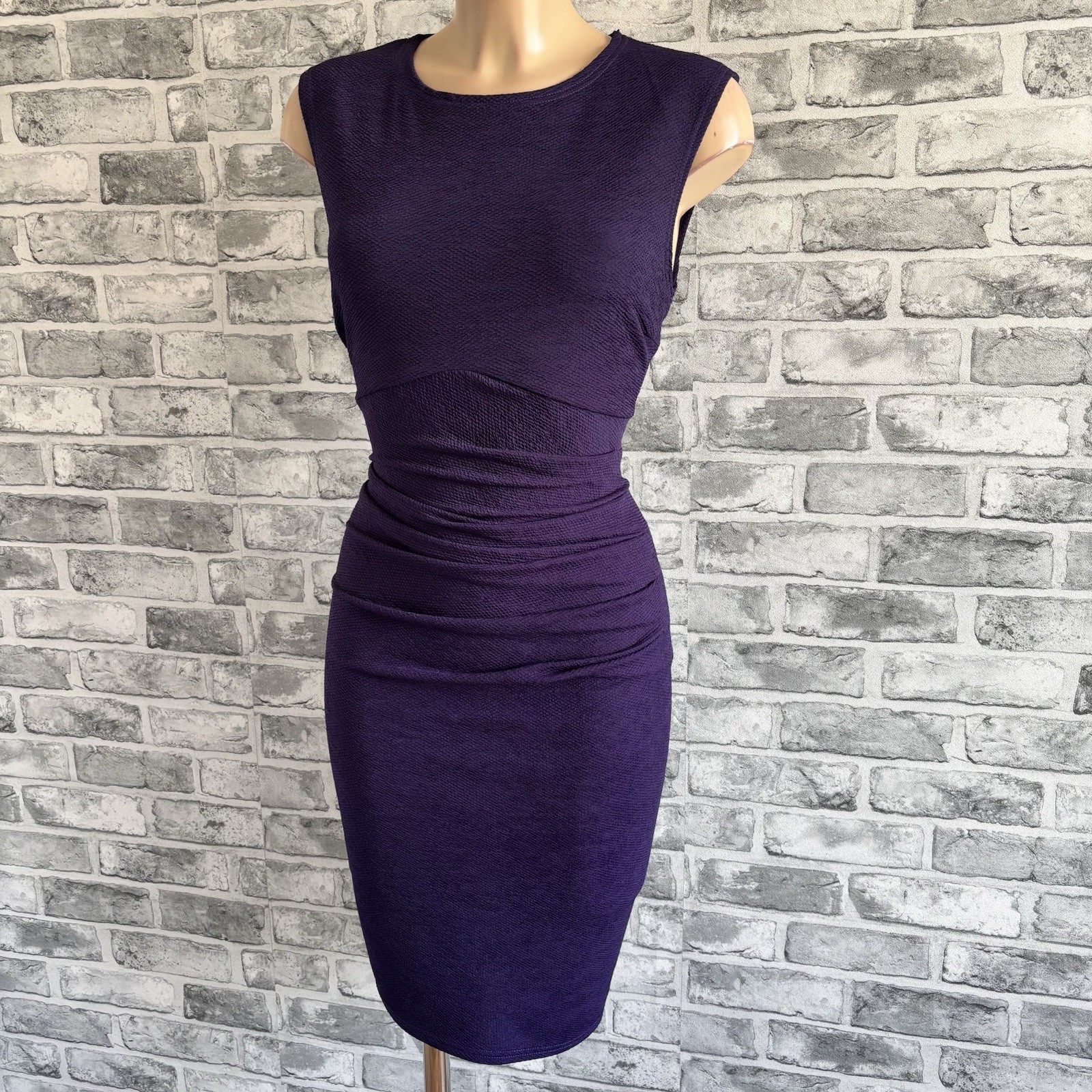 014 Purple Ruched Smart Casual Pencil Knee Length Dress