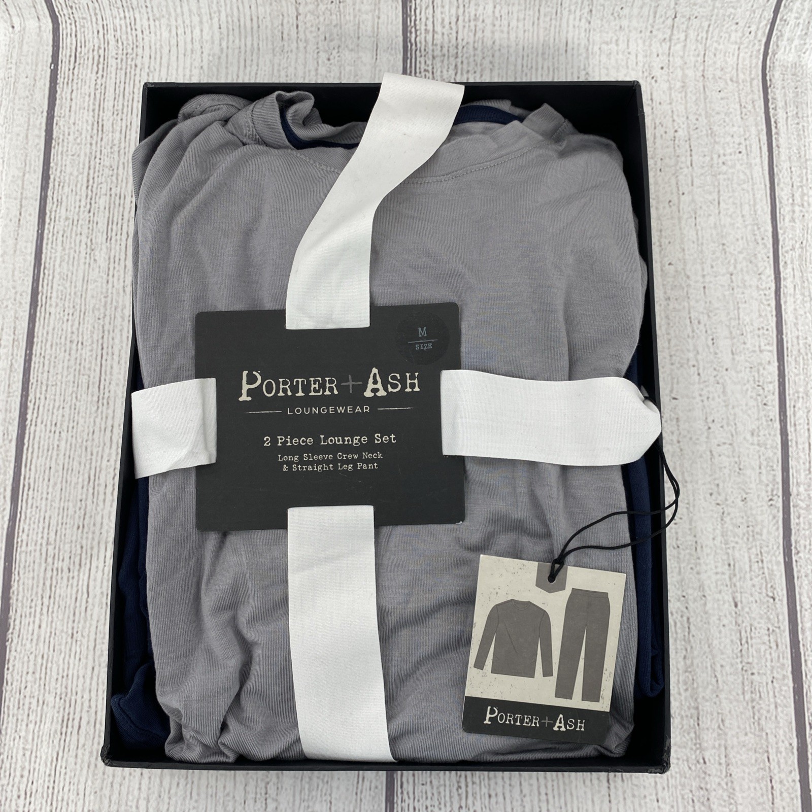 Porter + Ash Lounge Set Mens MEDIUM Gray Navy Blue Pajamas PJs Long Sleeve
