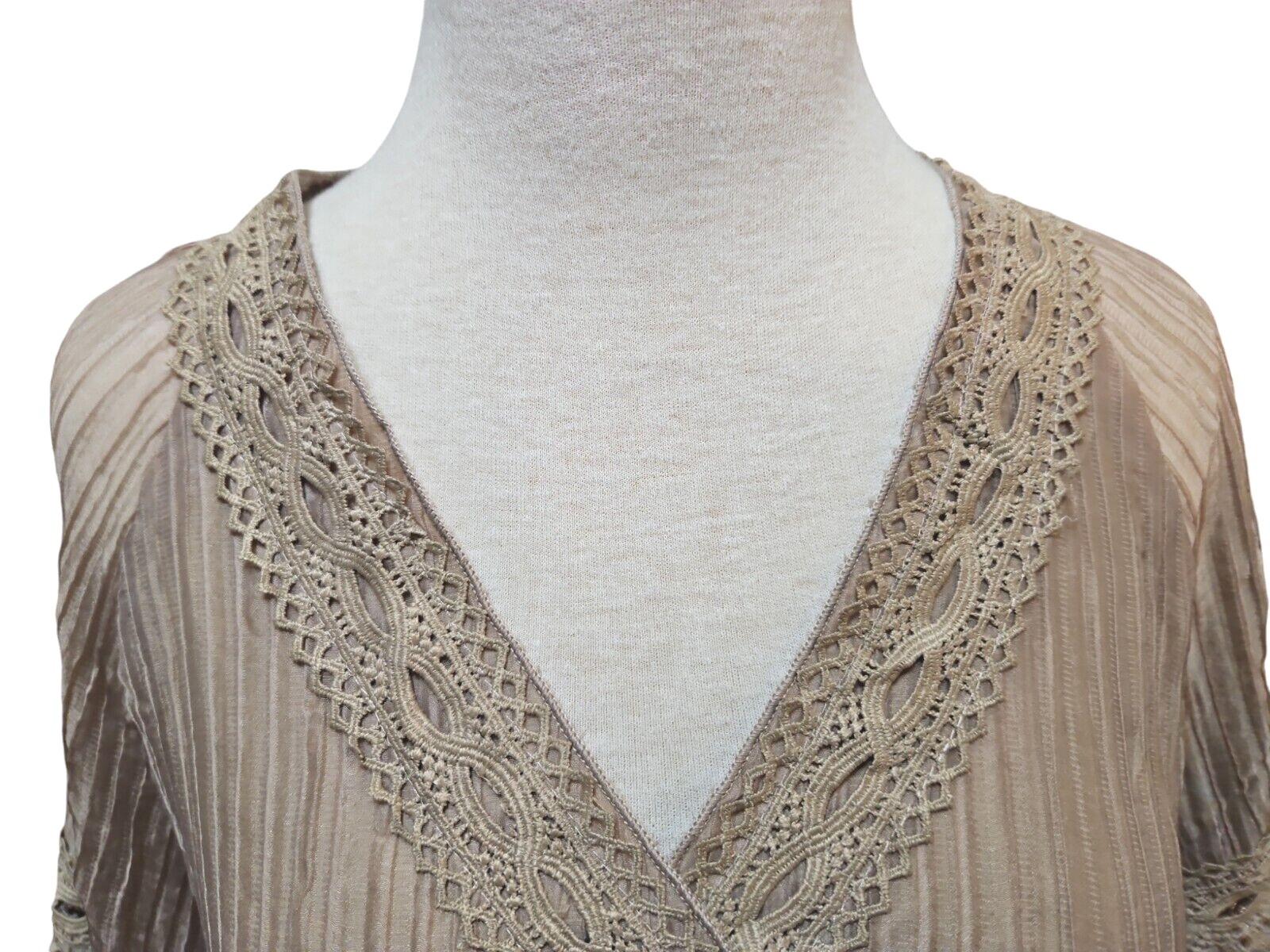 Pretty Angel Blouse Womens Large Tan Brown 3/4 Sleeve Fringe V Neck Bohemian New