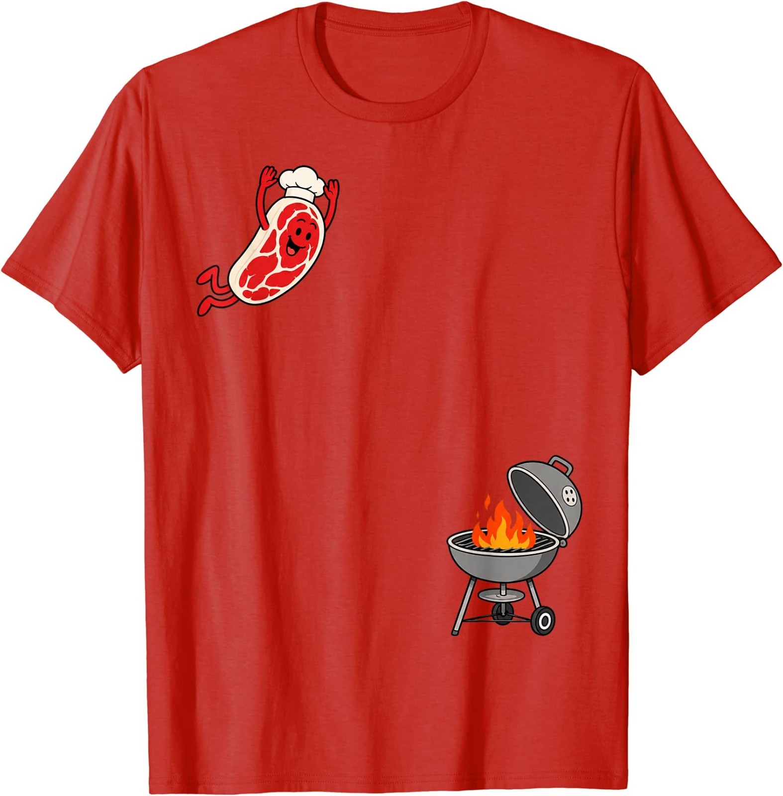 Funny Chef Steak Jumping Into BBQ Grill Cartoon T-Shirt