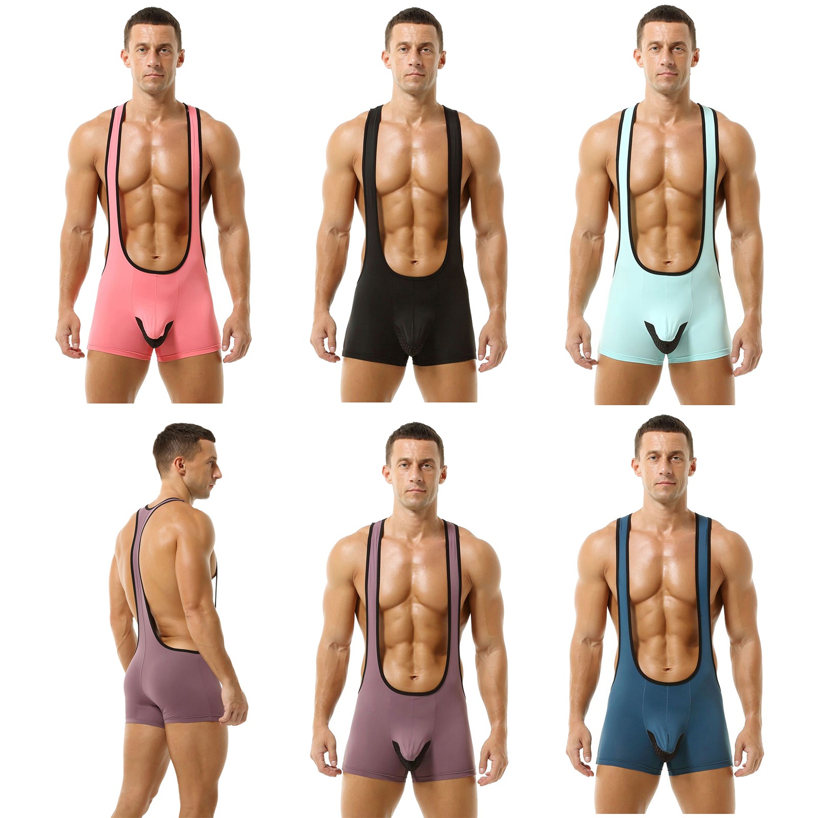 Men’s Bodysuit Fitness Jumpsuit Deep U-Neck Wrestling Singlet Base Layers Gym