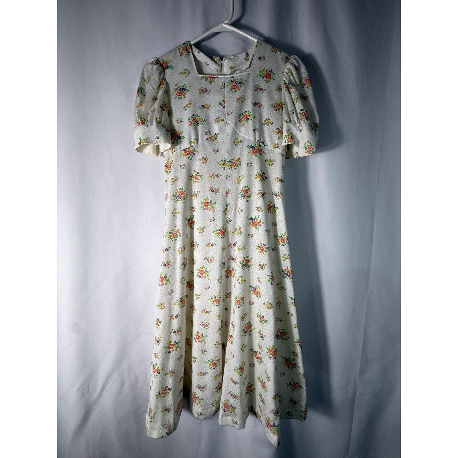 VTG Puff Sleeve Midi Dress White Pointelle Square Neck Empire Waist Homemade