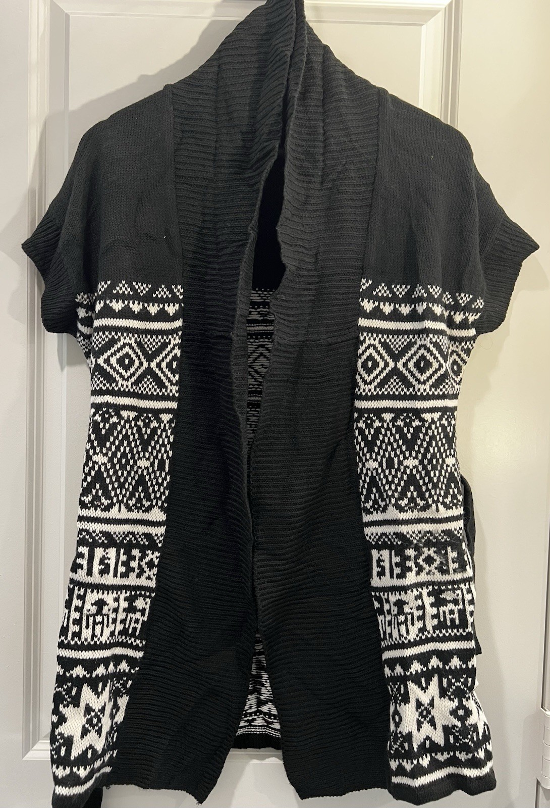Black White Aztec Geometric Cardigan Open Front Short Sleeve Boho Knit Sweater
