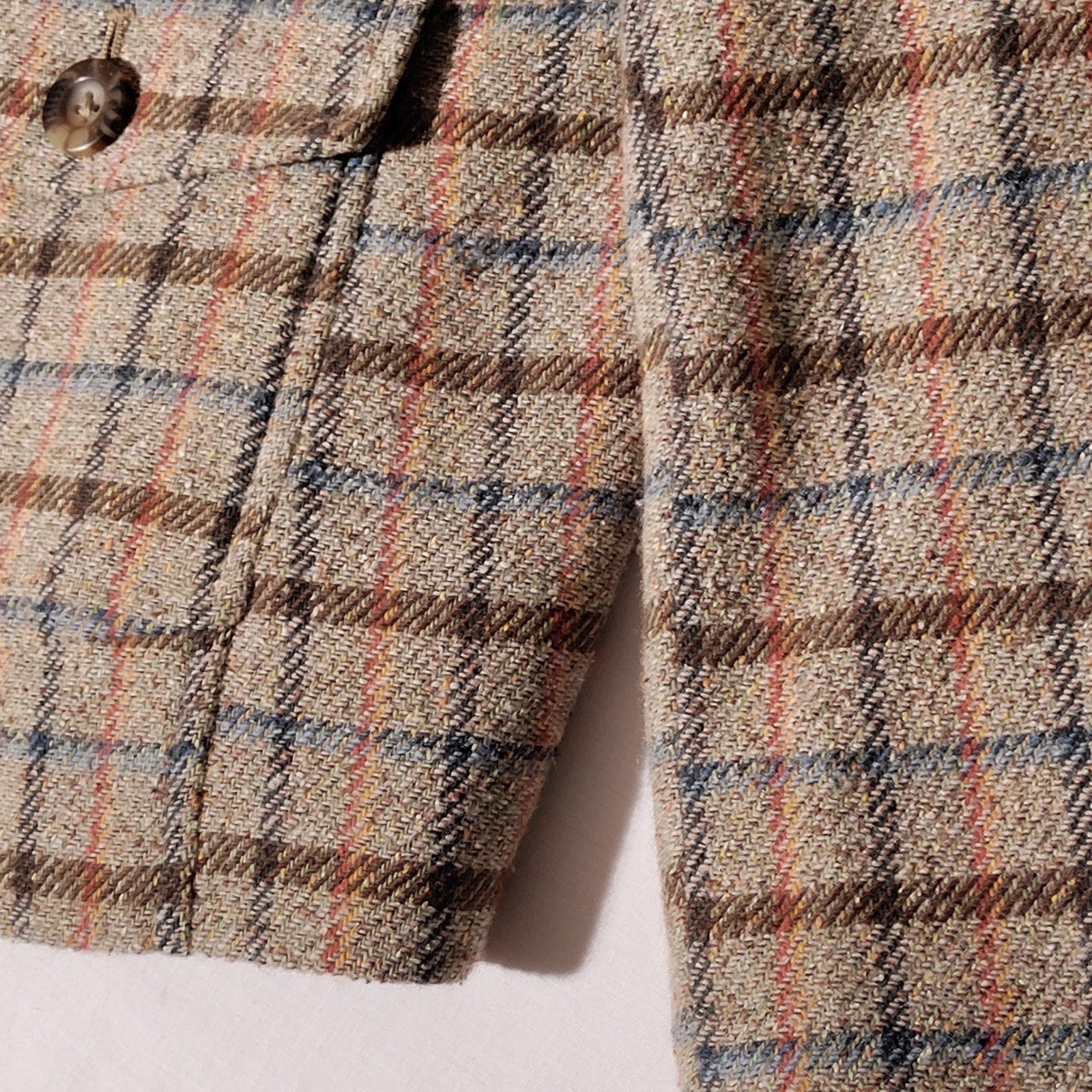 LL Bean Womens Plaid Wool Silk Blend 3-Button Blazer Jacket Brown Tan Sz 1X