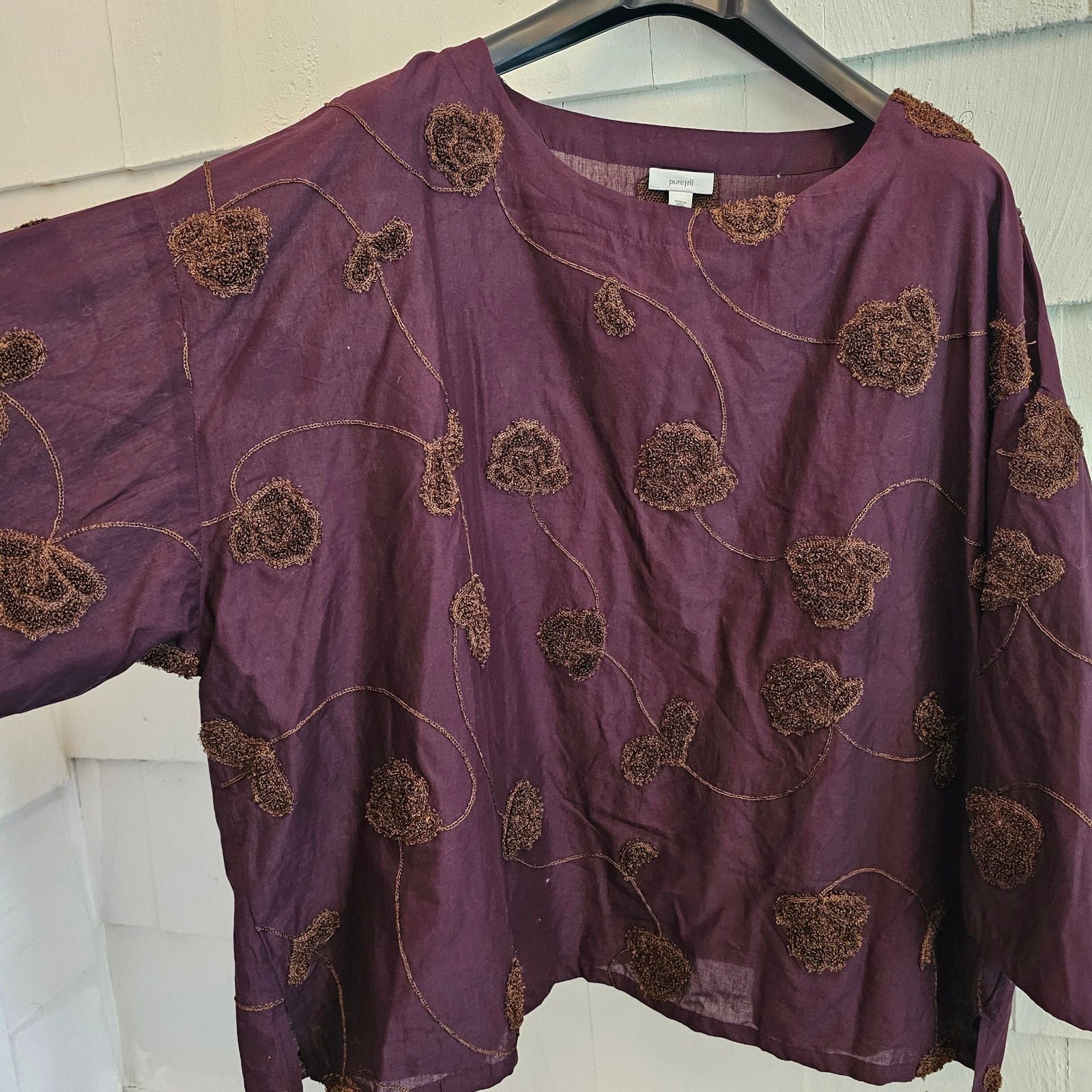 Pure Jill 2X Purple Embroidered Floral Applique 100% Cotton Tunic Top Boho