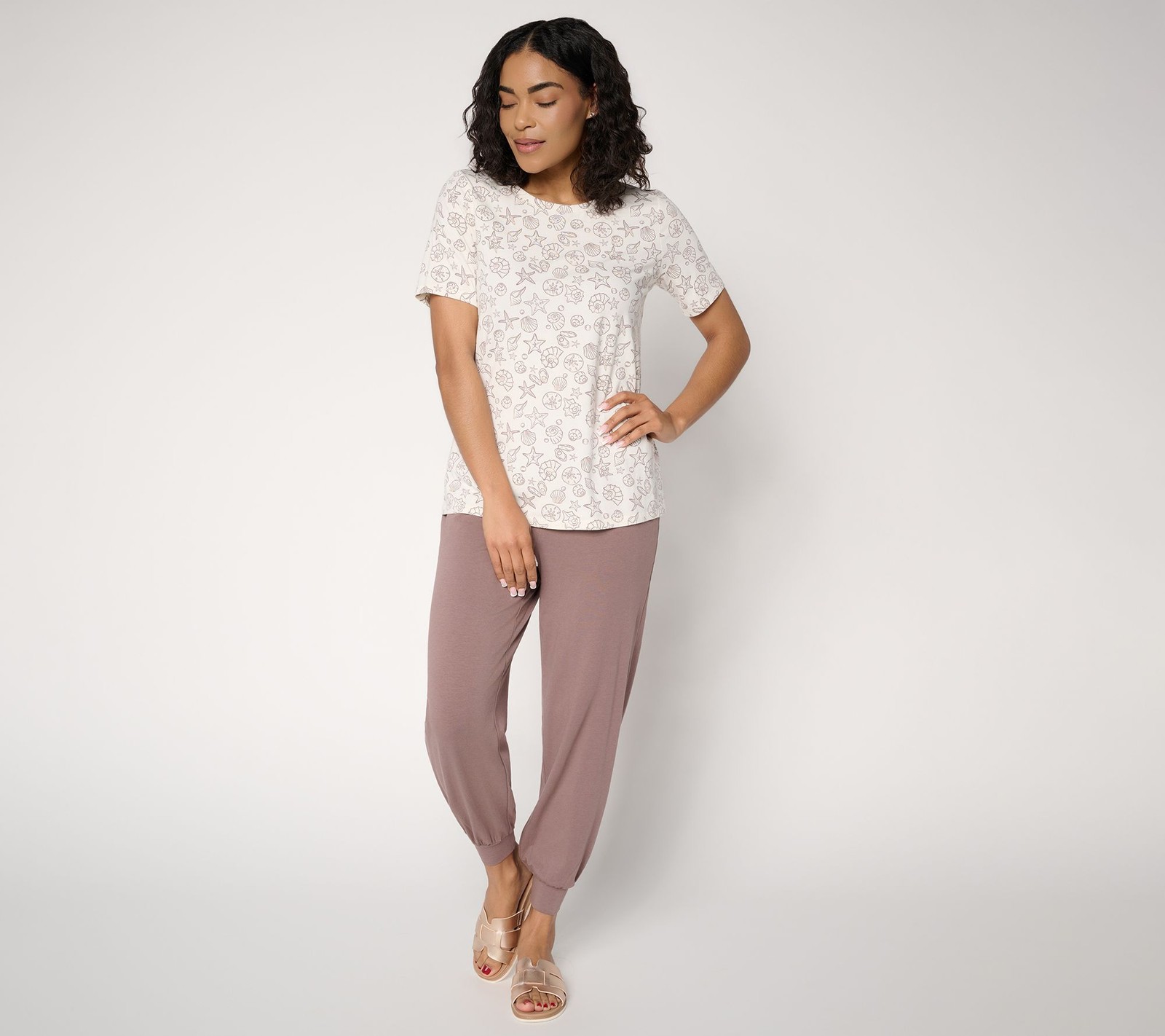 Anybody Tall Cozy Knit Printed Tee & Jogger Set Smoky Taupe M New