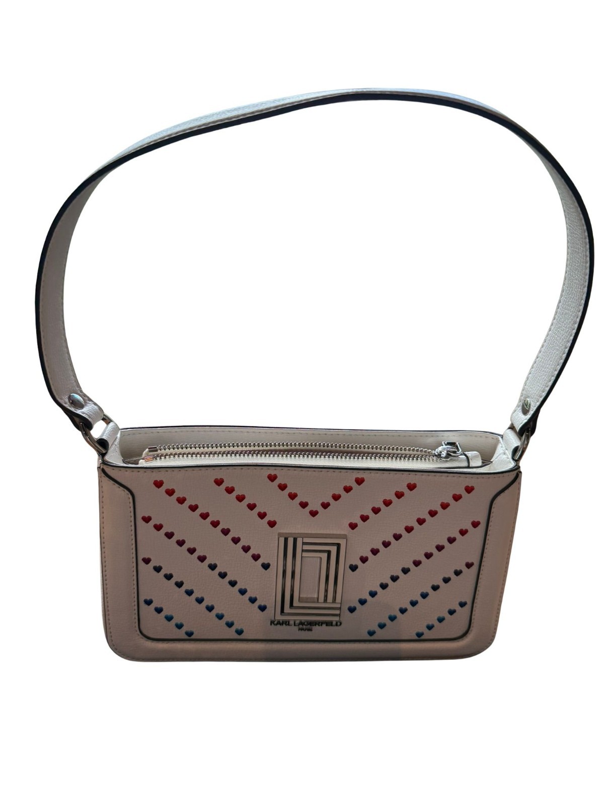 NWT New Karl Lagerfeld White Multicolor Heart Logo Shoulder Handbag