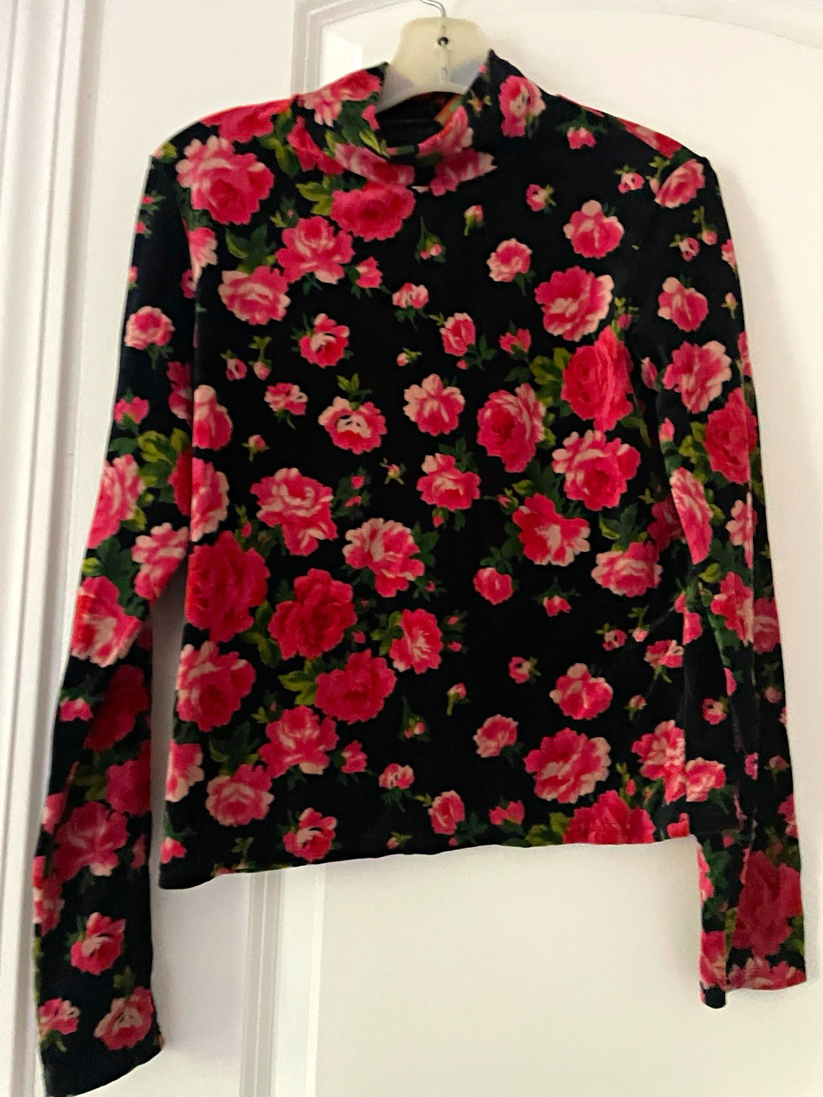 KENZO Jungle Knit Mock Neck Long Sleeve Floral Pullover Top Black Pink Green M