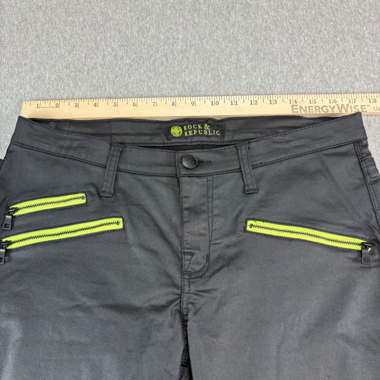 Rock & Republic Jeans Womens 14 Banshee Black Neon Green Skinny Grunge Punk