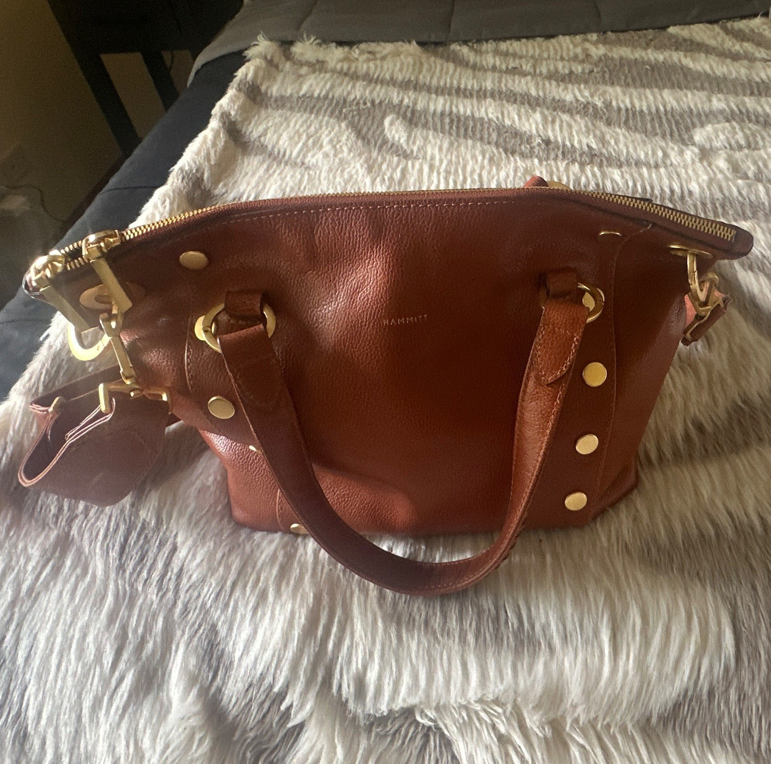 Hammitt cognac Pebbled Satchel Top Handle Gold Hardware Studded Zip Detach Strap