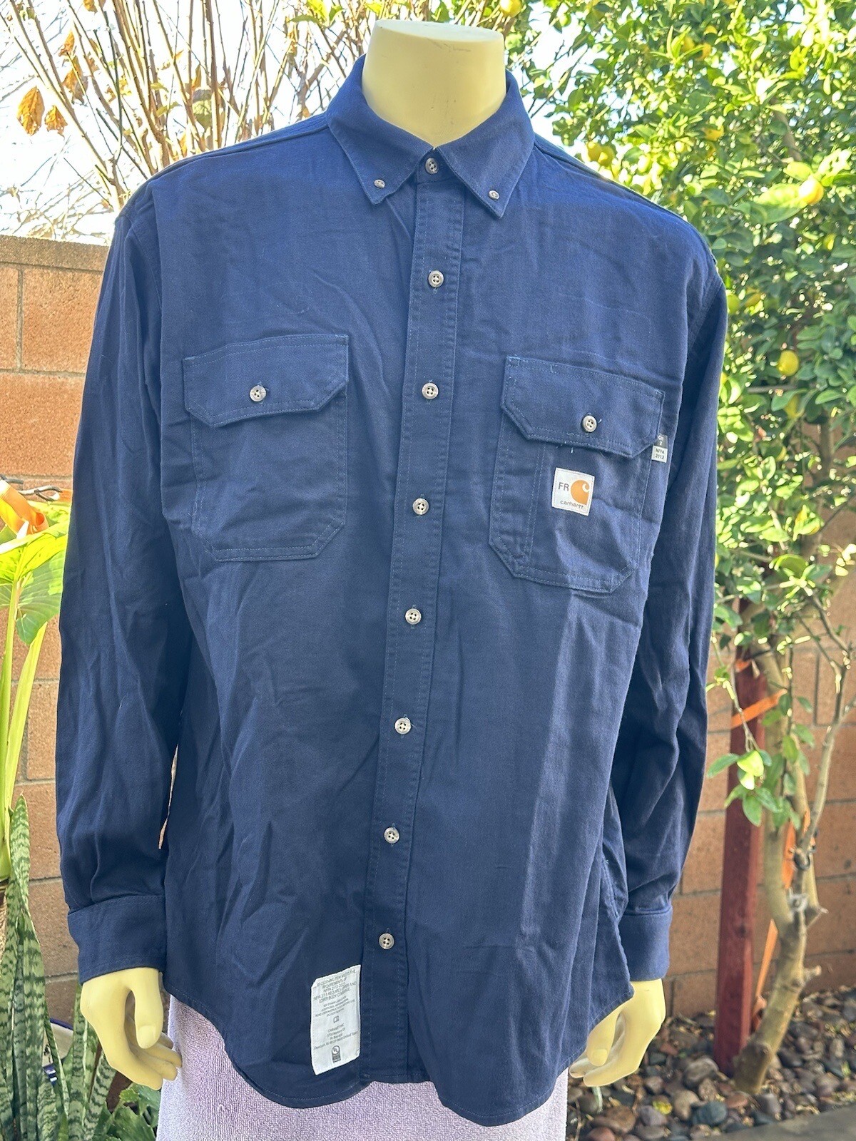 2 Carhartt FR Button Down Navy Blue Cotton Work Shirts Large RG CAT 2 NFPA 2112